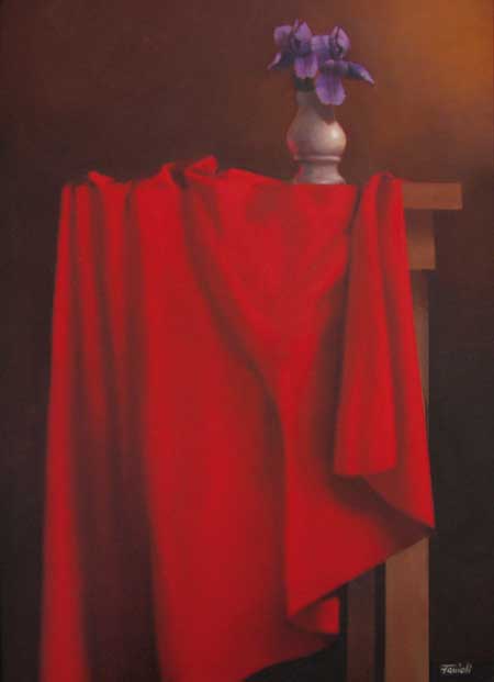 Iris su tavolo rosso